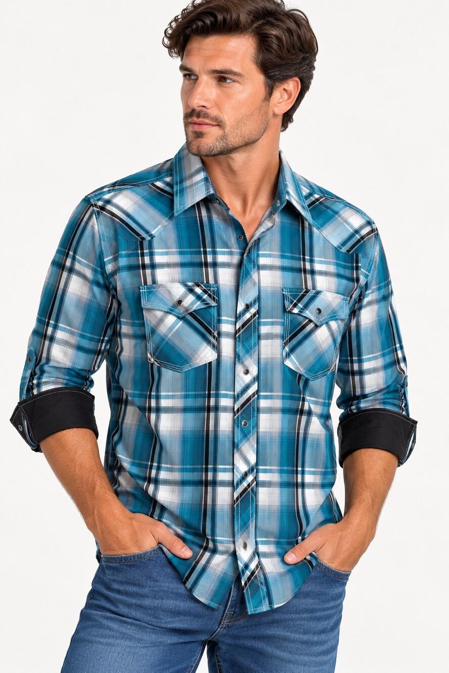 ELY 1878 Men’s XL Western Pearl Snap Shirt Teal Blue Plaid Cowboy